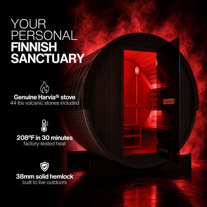 Burneek® Basalt: 4-Person Outdoor Barrel Sauna